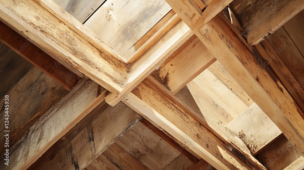 Wooden beams of a roof structure in a construction project Wooden beams of a roof structure in a construction project