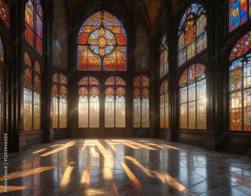 Fototapeta premium Stained glass palace with sunlight filtering through the windows onto the floor and walls , filtered light, interior lighting