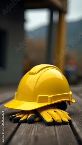 Yellow construction helmet and protective gloves on a wooden table, on a blurred background construction equipment, construction, protection, safety, labor protection