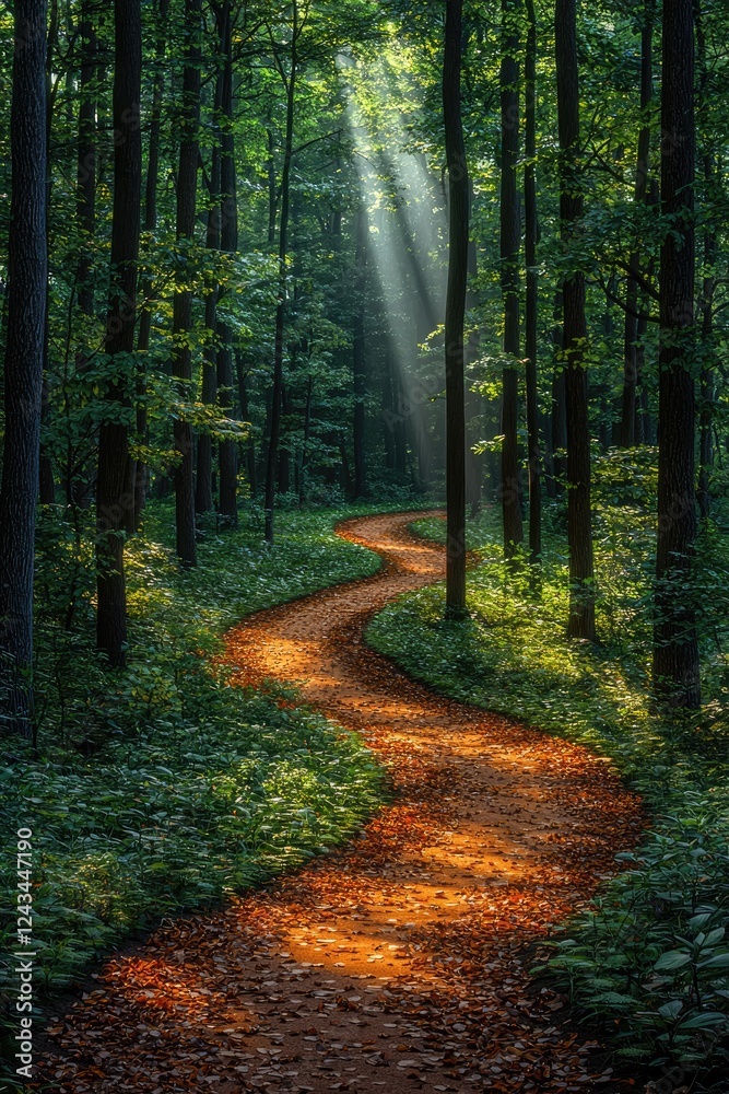 Obraz premium Sunlit Path Winding Through a Lush Green Forest