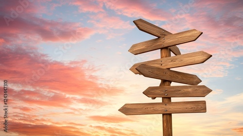 Wooden signpost pointing in many directions against a vibrant sunset sky, symbolizing choices, decisions, and the search for the right path in life, career, or travel