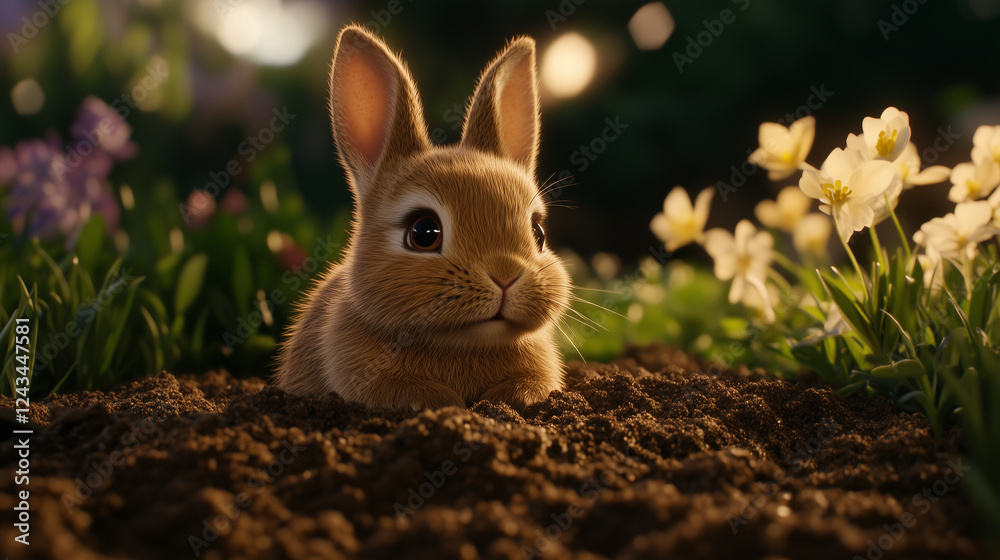 Fototapeta premium bunny sitting on the ground surrounded by blooming flowers and grass