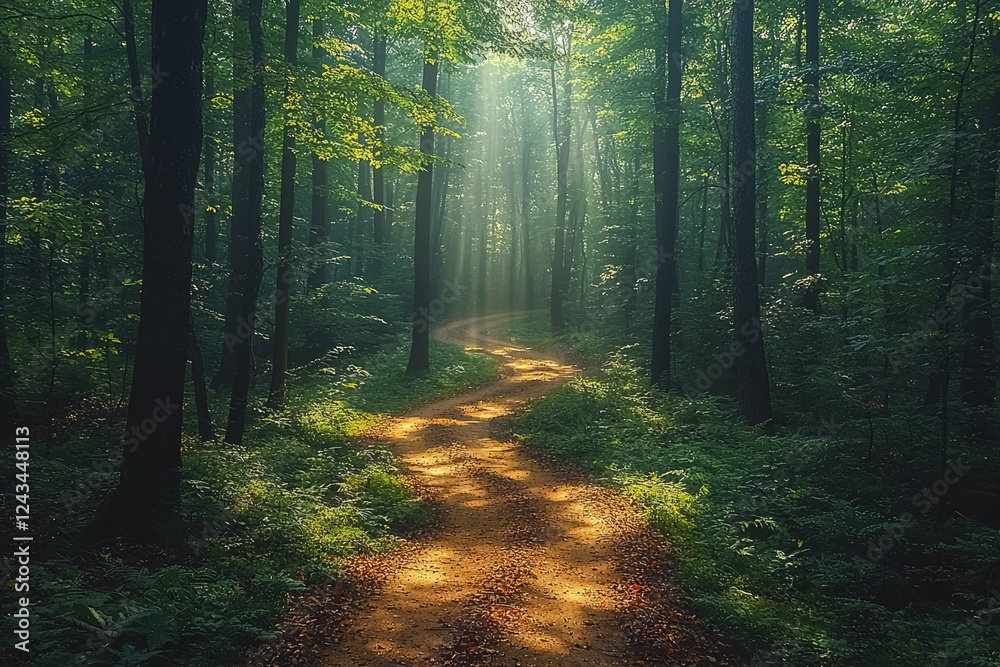 Sunlit Path Winding Through A Lush Green Forest Sunlit Path Winding Through A Lush Green Forest