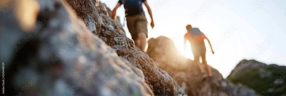 Hikers Ascending Rocky Mountain Path at Sunset Hikers Ascending Rocky Mountain Path at Sunset