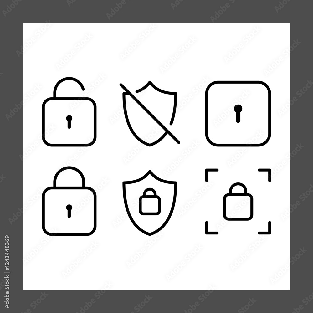Six simple line icons representing security concepts