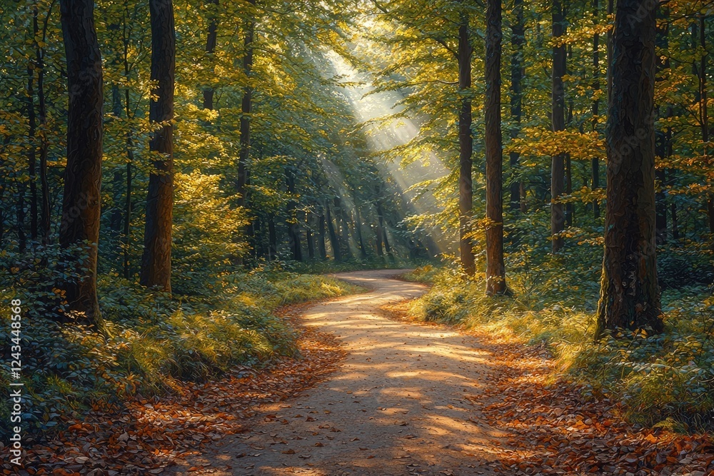 Fototapeta premium Sunlit Path Winding Through Autumnal Forest Trees