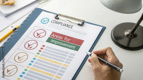 Assessing compliance areas for improvement office setting document review professional environment close-up view business insight