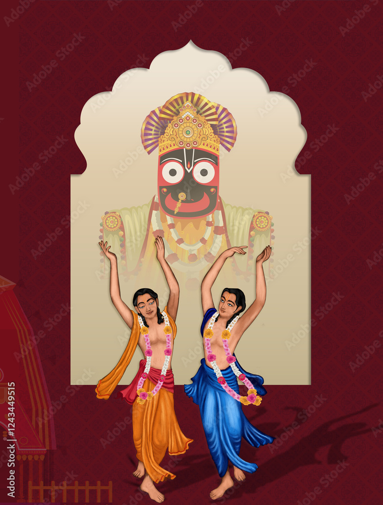 Fototapeta premium illustration of Chaitanya Mahaprabhu in devotion of Lord Jagannath with arch background, indian jayanti festival.