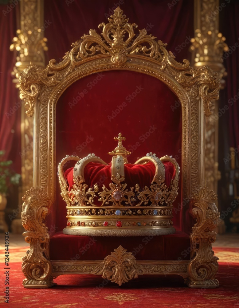 Obraz premium Warm sunlight pours into the room illuminating the lavish gold coronation crown positioned on top of plush red velvet in an ornate wooden frame, gold, warm, wooden
