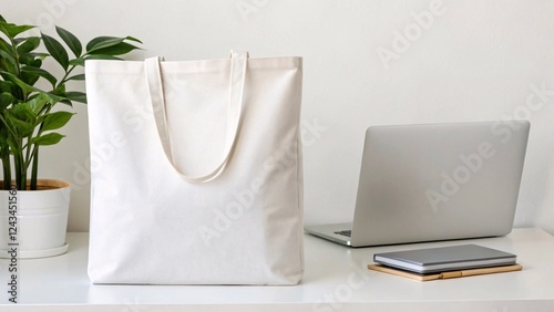 White cotton tote bag positioned next to an open laptop showcasing a versatile tote bag mockup ideal for branding and marketing presentations.