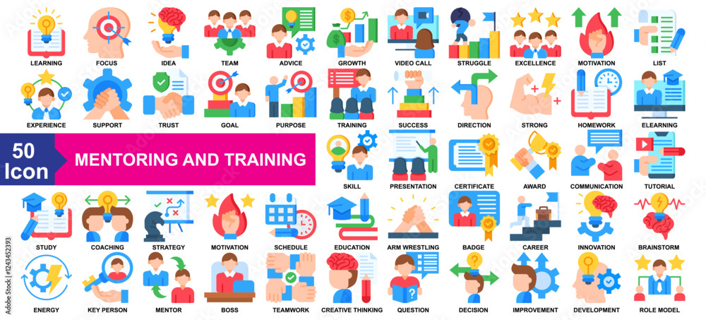 Mentoring And Training Icon Collection Flat Style Mentoring And Training Icon Collection Flat Style