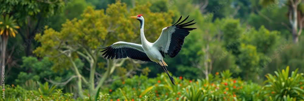 Fototapeta premium The crane's wings spread wide as it rises into the air amidst the lush greenery and vibrant colors of the natural surroundings, water, wildlife