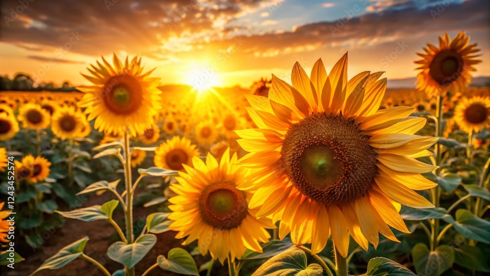 Fototapeta premium Golden Hour Sunflowers: Vibrant Field of Blooming Sunflowers in Sunlight