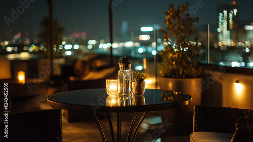 Wallpaper Mural Cozy rooftop dining setup, city lights reflecting on glass table-3 Torontodigital.ca