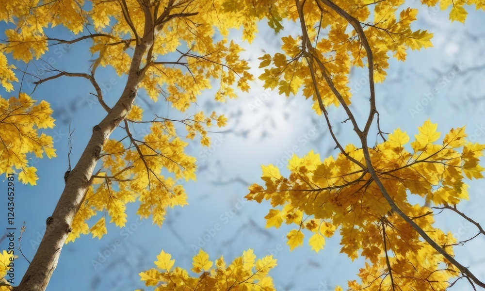 The leaves of a sycamore tree are a deep yellow color as they prepare to fall, autumn foliage, fall colors, deciduous trees The leaves of a sycamore tree are a deep yellow color as they prepare to fall, autumn foliage, fall colors, deciduous trees