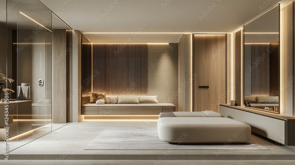 Interior of a luxurious sauna with LED lighting under the benches and soft wood tones Interior of a luxurious sauna with LED lighting under the benches and soft wood tones