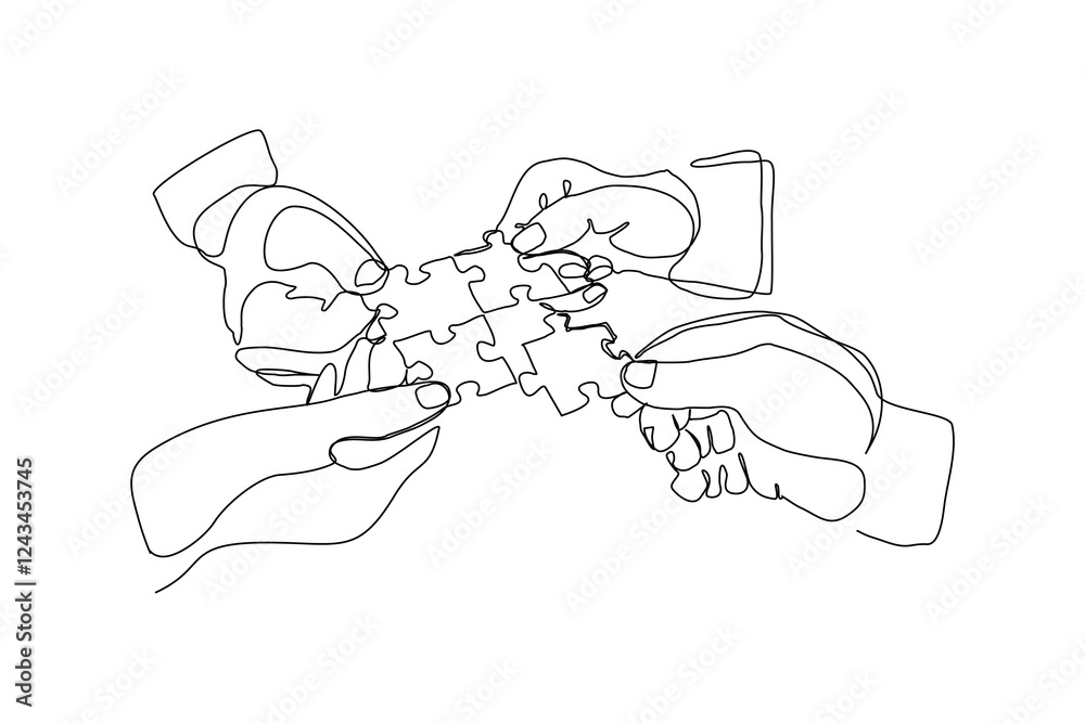 Continuous single line hand holding jigsaw puzzle business teamwork problem solving sketch drawing one line vector illustration Continuous single line hand holding jigsaw puzzle business teamwork problem solving sketch drawing one line vector illustration