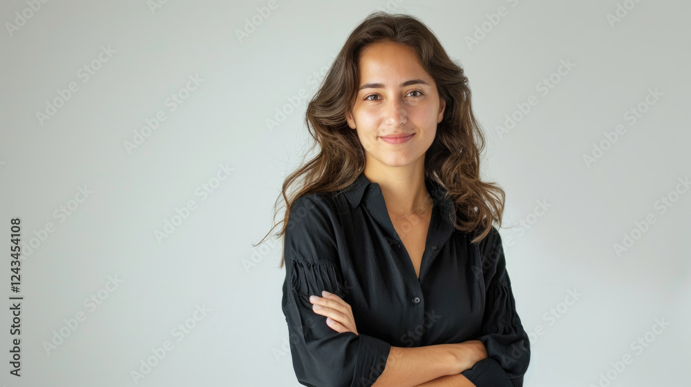 Confident Young Woman in Black Shirt Posing Against Neutral Background Confident Young Woman in Black Shirt Posing Against Neutral Background