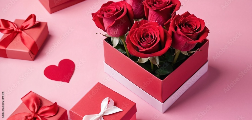 valentines day card with gift box and rose