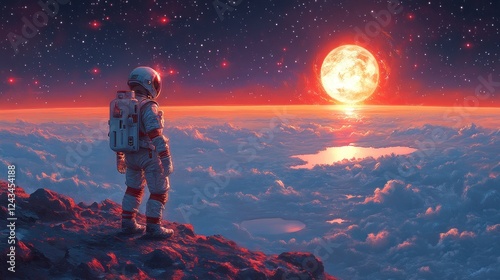 Wallpaper Mural Astronaut on alien planet, gazing at red sun and cloudscape. Torontodigital.ca