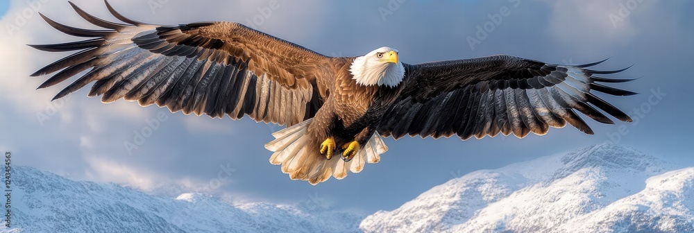 Obraz premium Eagle soaring gracefully in the sky with expansive wingspan against a mountain backdrop
