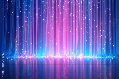 Glowing curtains with sparkling lights in blue and pink hues  creating a dreamy atmosphere on a reflective floor. Concept of fantasy and magic. Ai generative