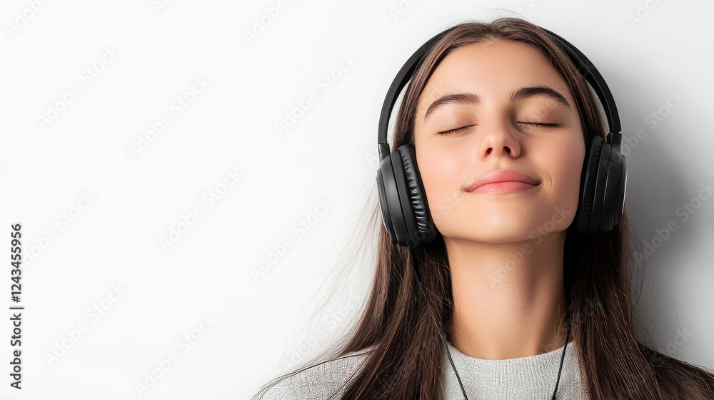 Young woman with long hair, closed eyes relaxed listening to music on headphones. Copy space. Banner