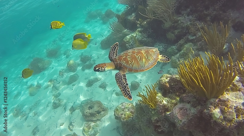 Naklejka premium Sea turtle swimming near coral reef in clear water