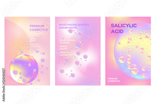 Abstract beauty cosmetic poster set with hyaluronic acid, collagen, niacinamide serum molecular spheres banner. Nude pink, light purple cosmetology advertisement. Aesthetic premium cosmetic texture