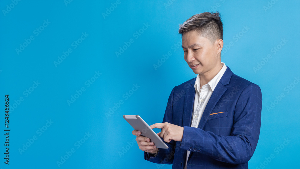 Confident young businessman in a blue suit standing holding a phone in various emotions Confident young businessman in a blue suit standing holding a phone in various emotions