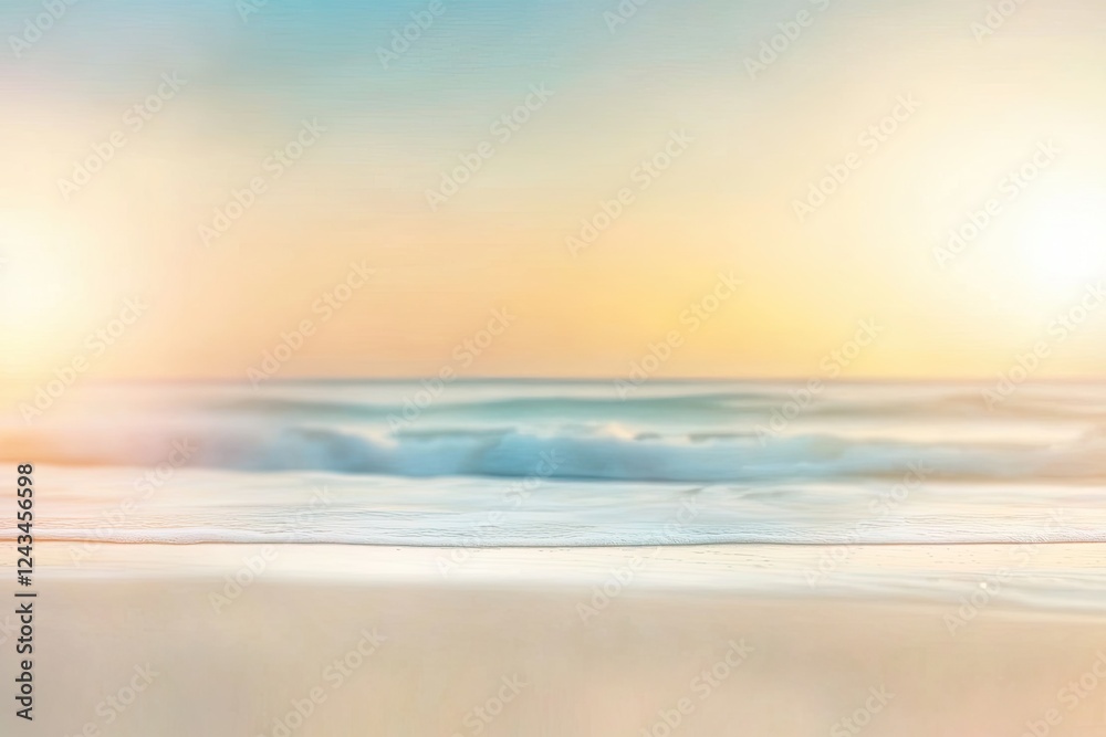 Fototapeta premium A serene beach scene at sunset, with soft waves gently lapping the shore and a single seashell resting on the sand in the foreground.