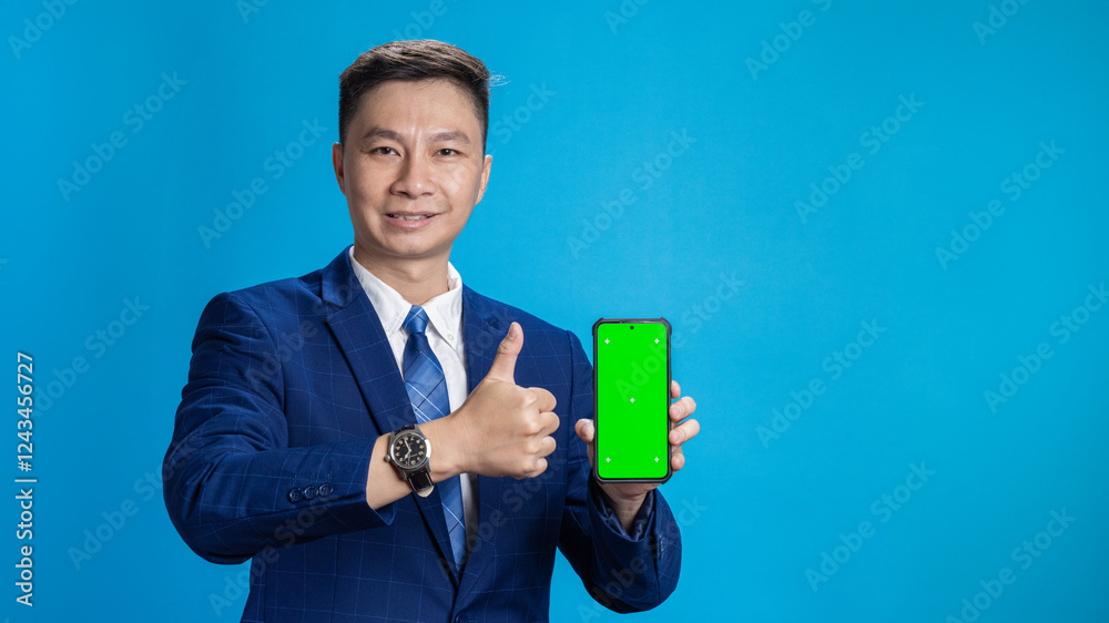 Confident young businessman in a blue suit standing holding a green screen phone in various emotions. Confident young businessman in a blue suit standing holding a green screen phone in various emotions.