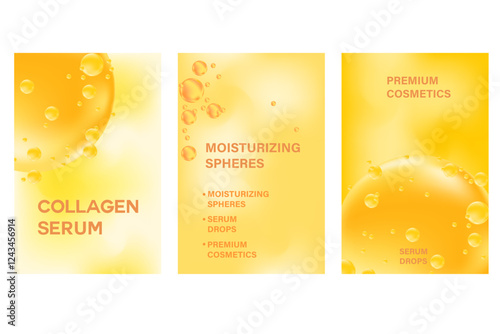 Abstract beauty cosmetic poster set with hyaluronic acid, collagen, niacinamide serum molecular spheres banner. Yellow gold serum or gel cosmetology advertisement. Aesthetic premium cosmetic texture