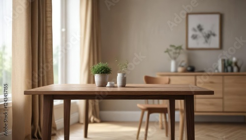 Wallpaper Mural Wooden table on a softly focused background of a half-curtained window with modern furniture and natural wood tones, subtle lighting, room decoration, cozy feel, calming ambiance Torontodigital.ca