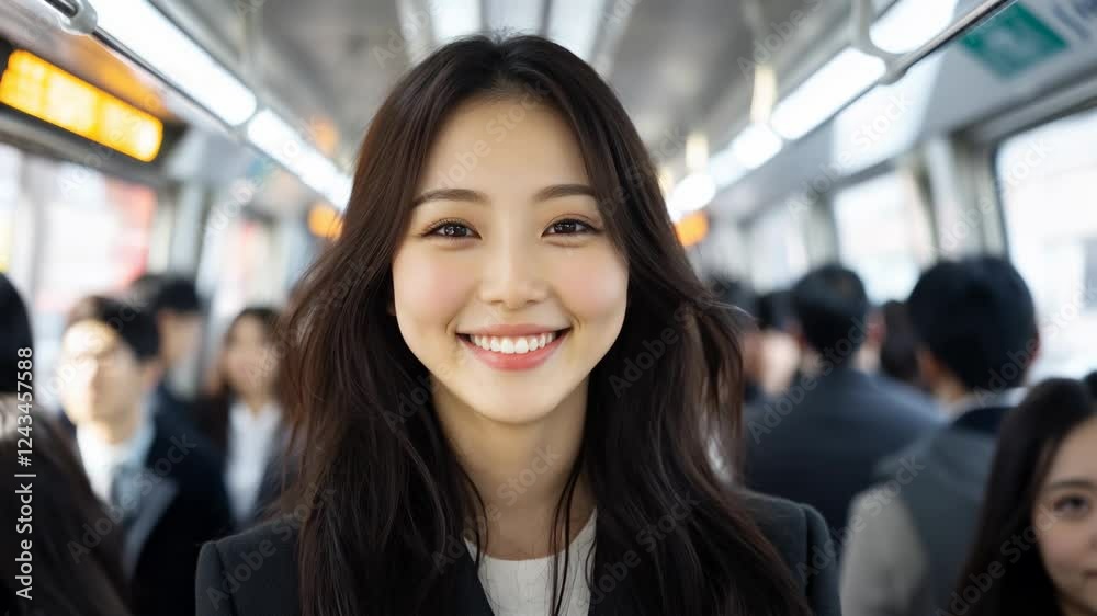 Femme d'affaire asiatique souriante dans les transports en commun.