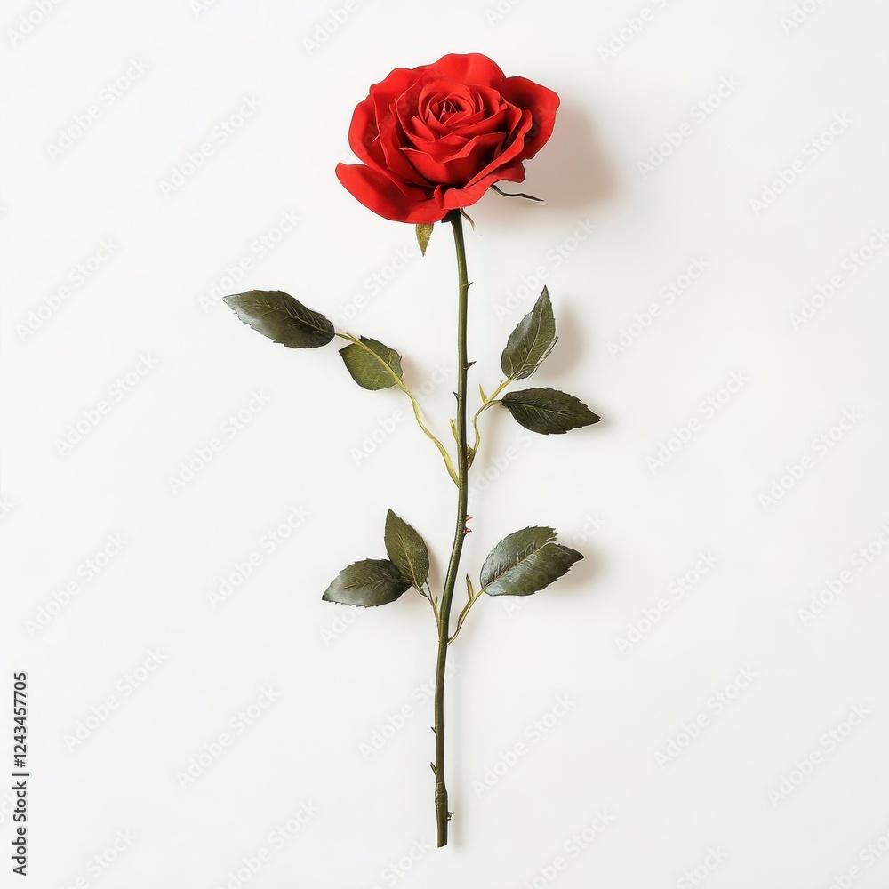 Fototapeta premium Beautiful red rose in full bloom showcasing vibrant petals and lush green leaves