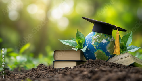 Green Earth globe with graduation cap and books in nature, celebrating education and World Teacher's Day, high-resolution photography