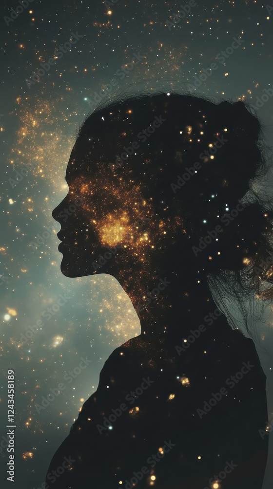 Fototapeta premium Serene portrait of a woman enveloped in a cosmic glow against a dark background