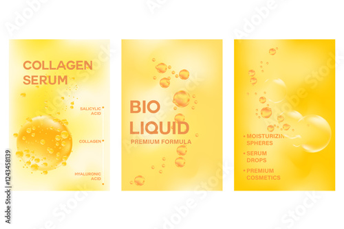 Abstract beauty cosmetic poster set with hyaluronic acid, collagen, niacinamide serum molecular spheres banner. Yellow gold serum or gel cosmetology advertisement. Aesthetic premium cosmetic texture