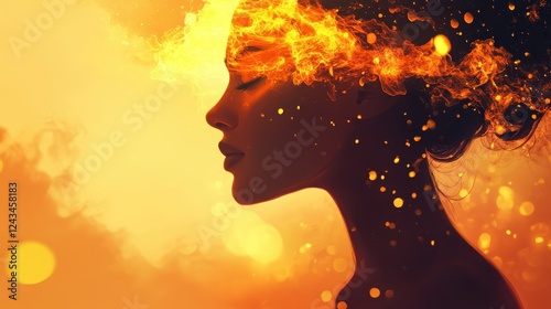 Woman with ethereal glow surrounded by fiery elements and soft light at sunset