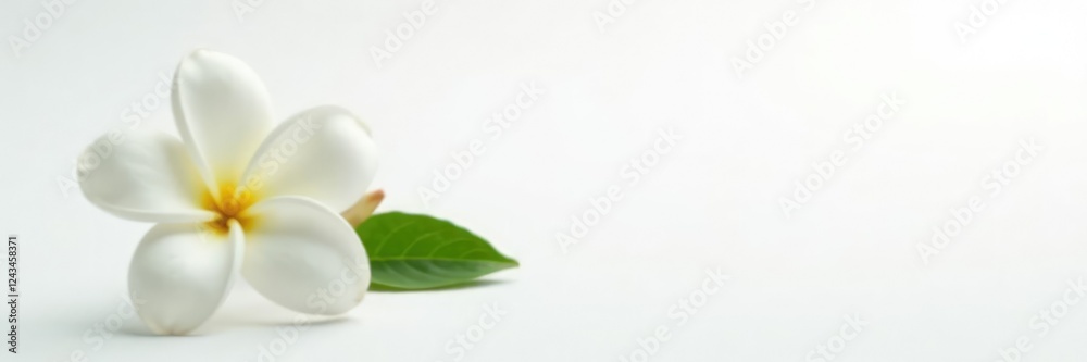 Single jasmine flower with its delicate leaf and stem on a simple white background, bloom, color Single jasmine flower with its delicate leaf and stem on a simple white background, bloom, color