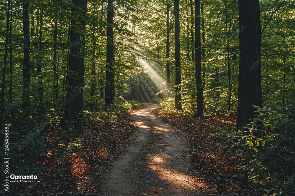Obraz premium Sunlit Forest Path A Serene Woodland Scene