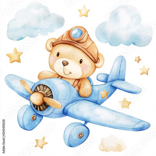 A teddy bear is sitting in the cockpit of a blue airplane. The airplane is surrounded by stars and clouds