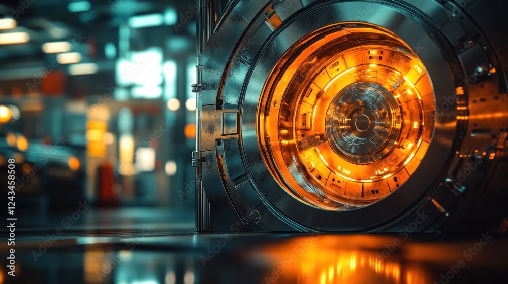 Fototapeta premium Futuristic security vault glowing interior, urban factory background