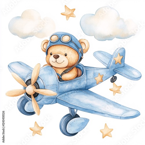 A teddy bear is sitting in the cockpit of a blue airplane. The airplane is surrounded by stars and clouds