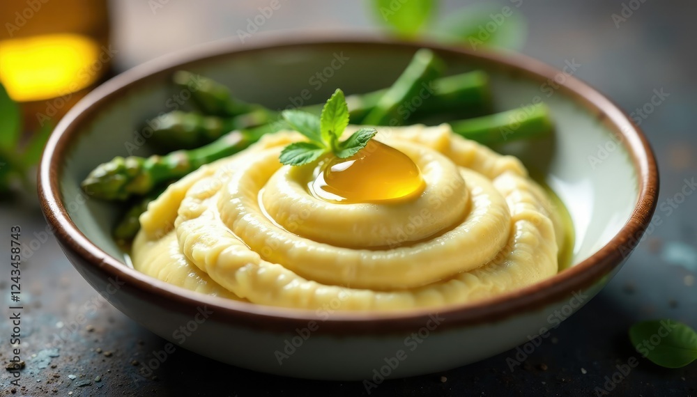 Truffle oil droplet on top of creamy asparagus in a shallow bowl, truffle, oil Truffle oil droplet on top of creamy asparagus in a shallow bowl, truffle, oil