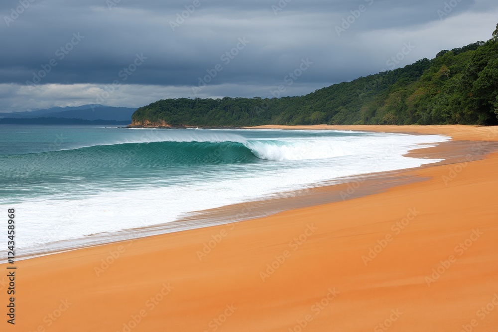Obraz premium Serene Coastal Scene with Gentle Waves and Lush Greenery