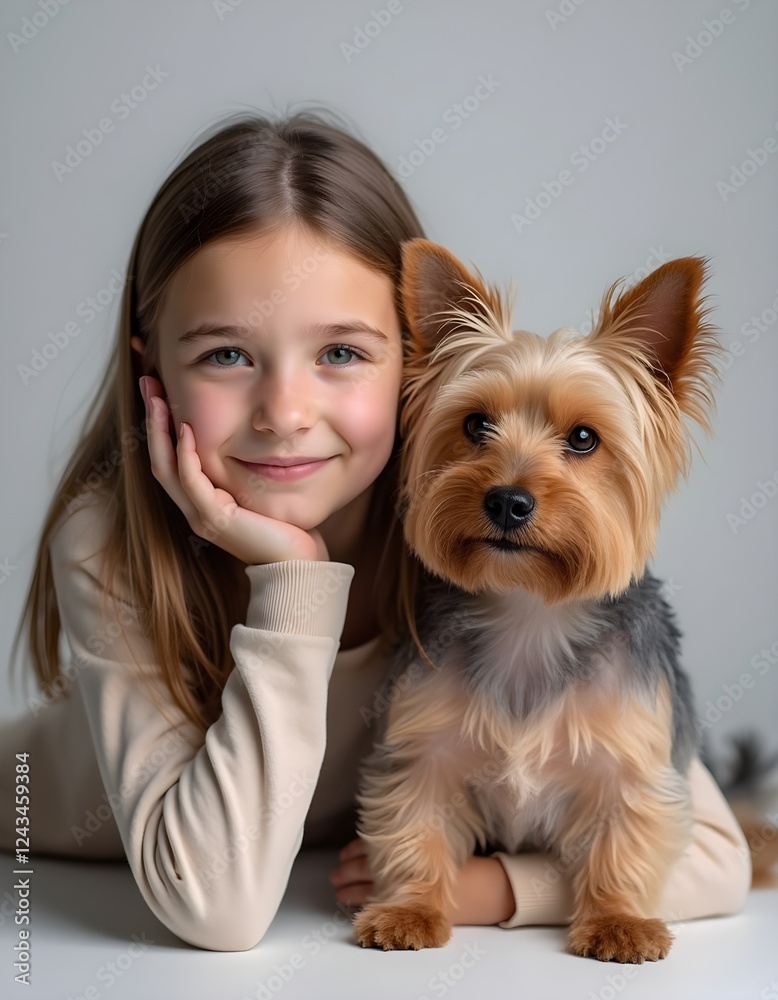 Portrait of a cheerful young girl posing next to her adorable dog, a Yorkshire terrier, highlighting a heartwarming bond between children and their beloved pets. Portrait of a cheerful young girl posing next to her adorable dog, a Yorkshire terrier, highlighting a heartwarming bond between children and their beloved pets.