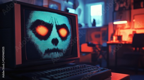 Retro Computer Screen Showing a Spooky Face in a Dark Room photo