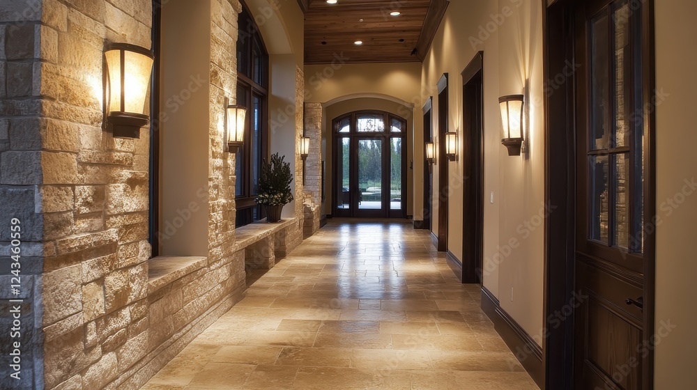 Decorative stone panel hallway with ambient lighting and wooden accents in an elegant residence
